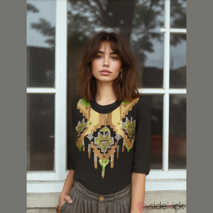 Pink Cattlelac Brown Sequin Embellished SouthWestern Style Quarter Sleeve Top